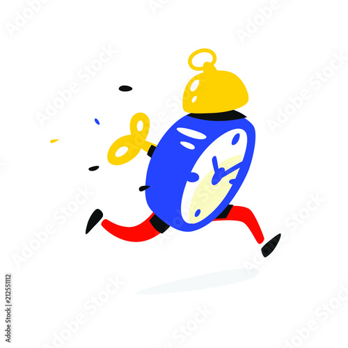 Cartoon character running alarm clock. Vector illustration. Time is up. The clock is running. Image is isolated on white background. Flat illustration for banner, print and website. Mascot company.