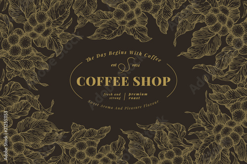 Coffee tree banner template. Vector illustration. Vintage coffee frame. Hand drawn engraved style illustration.