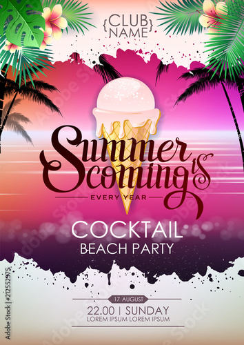 Summer disco poster cocktail beach party. Lettering poster summer is coming