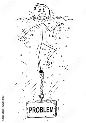 Cartoon stick drawing conceptual illustration of man or businessman drowning with block of stone or concrete weight with problem text chained to his leg.