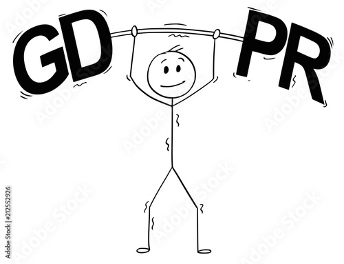 Cartoon stick drawing conceptual illustration of weightlifter weightlifting big letters or text GDPR . Business concept of date protection regulation.