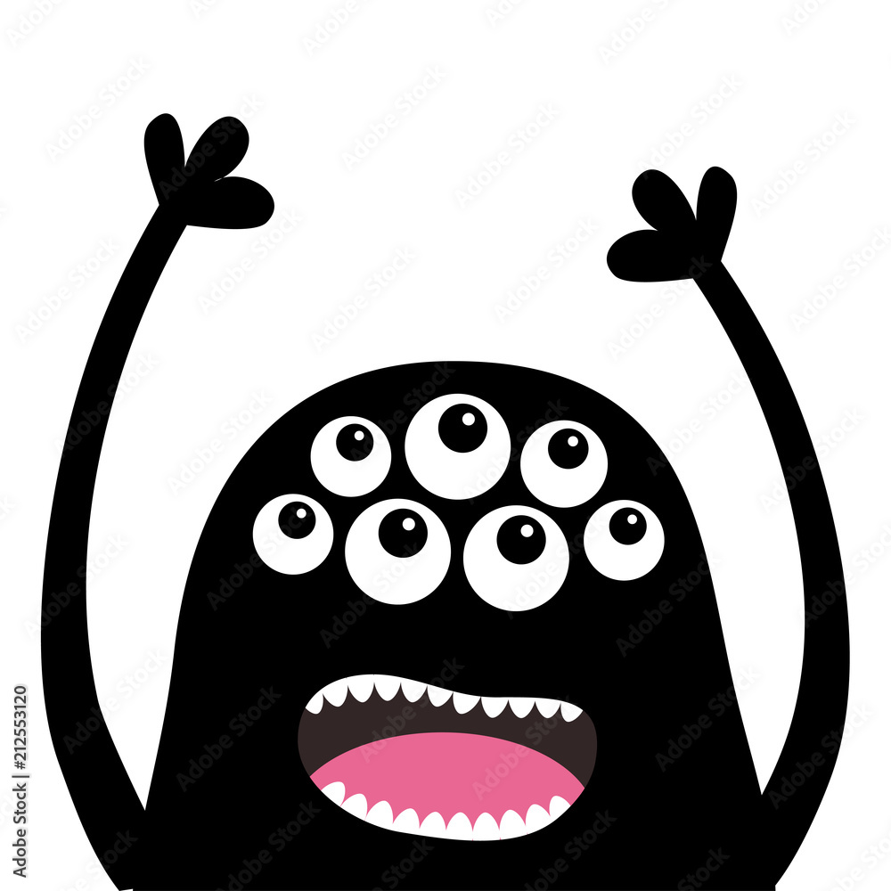 Screaming monster head silhouette. Many eyes, teeth, tongue, hands up. Black Funny Cute cartoon character. Baby collection. Happy Halloween card. Flat design. White background. Stock Vector | Adobe Stock Screaming monster head silhouette. Many eyes, teeth, tongue, hands up. Black Funny Cute cartoon character. Baby collection. Happy Halloween card. Flat design. White background. Stock Vector | Adobe Stock