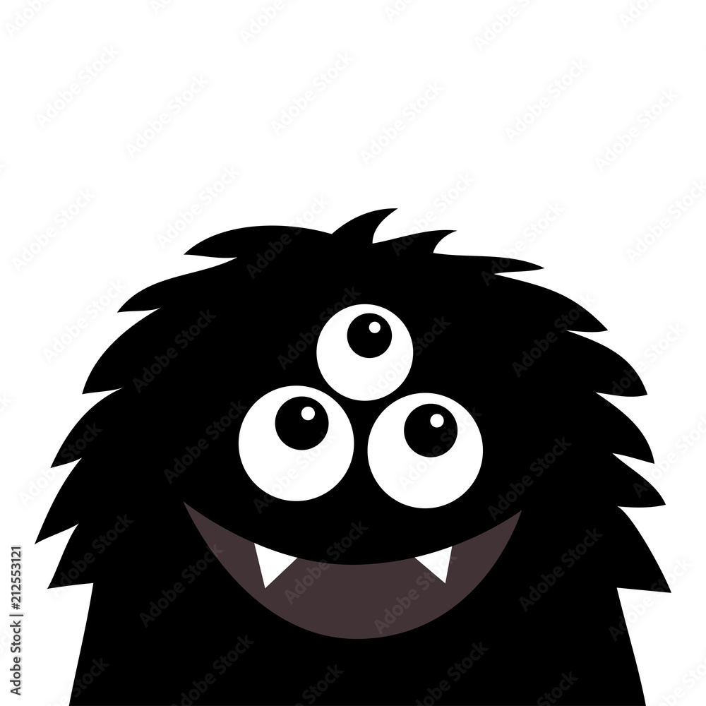 Smiling monster head silhouette. Thtee eyes, teeth, tongue, fluffy hair. Black Funny Cute cartoon character. Baby collection. Happy Halloween card. Flat design. White background.