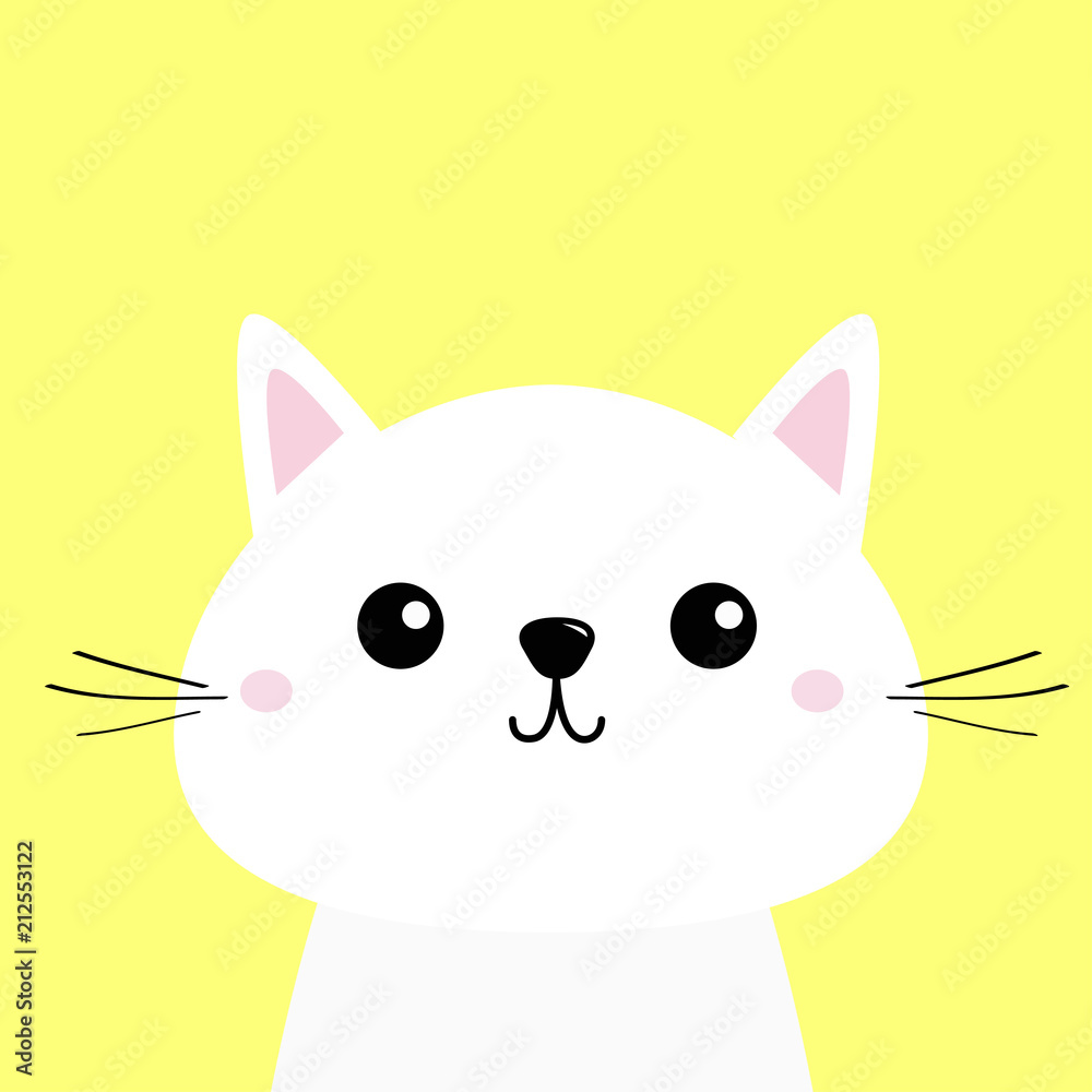 White cat kitten Funny head baby face. Moustaches. Cute kawaii cartoon character. Pink cheeks. Greeting card template. Yellow background. Flat design. White cat kitten Funny head baby face. Moustaches. Cute kawaii cartoon character. Pink cheeks. Greeting card template. Yellow background. Flat design.