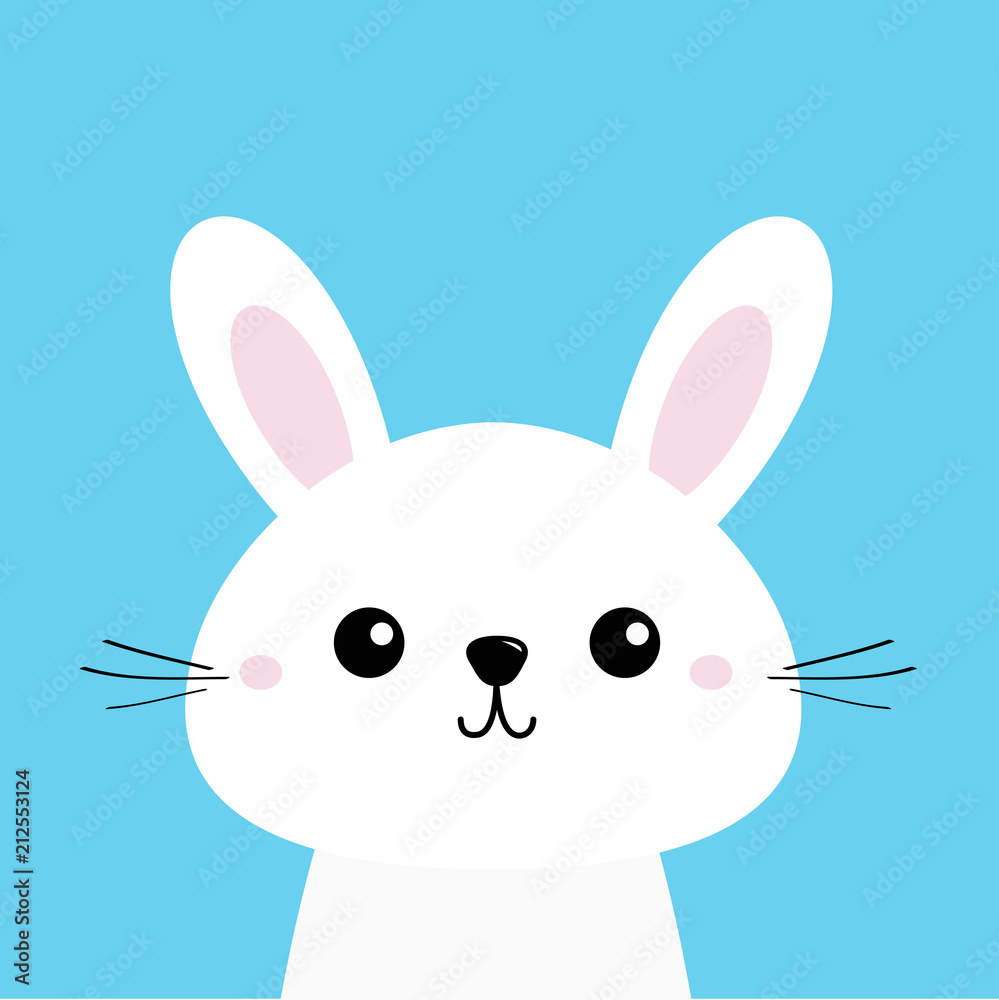 White bunny rabbit. Cute kawaii cartoon character. Funny head baby face. Big  ears. Greeting card template. Happy Easter sign symbol. Blue background.  Flat design. Stock Vector | Adobe Stock