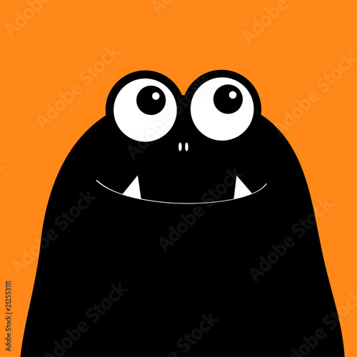 Monster head silhouette. Two eyes, teeth, fang. Black Funny Cute cartoon character. Happy Halloween card. Baby collection. Flat design. Orange background.