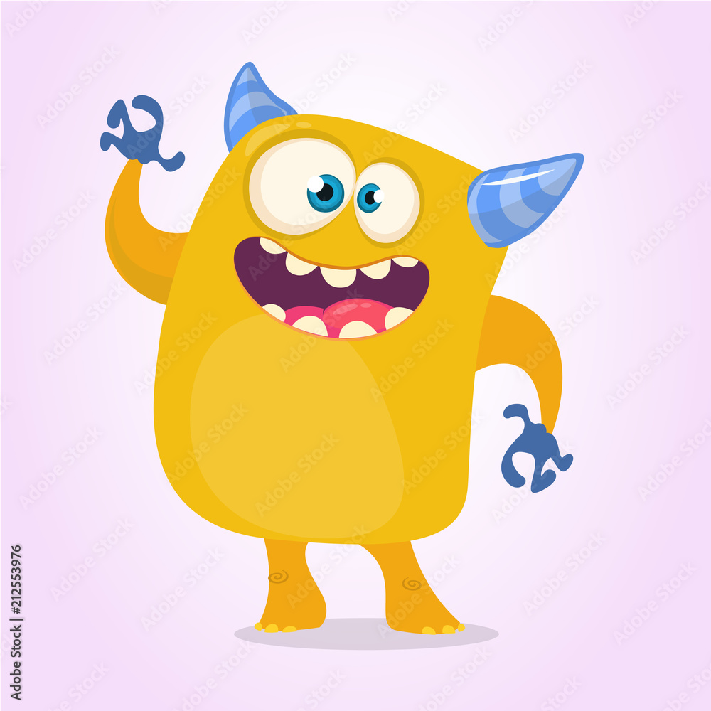 Fototapeta premium Happy cartoon monster. Halloween vector orange and horned monster. Funny monster expressions