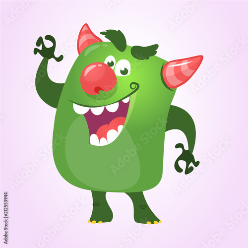 Cool cartoon monster pressenting or pointing hand. Vector green monster troll illustration. Halloween design. Design for decoration, print or sticker