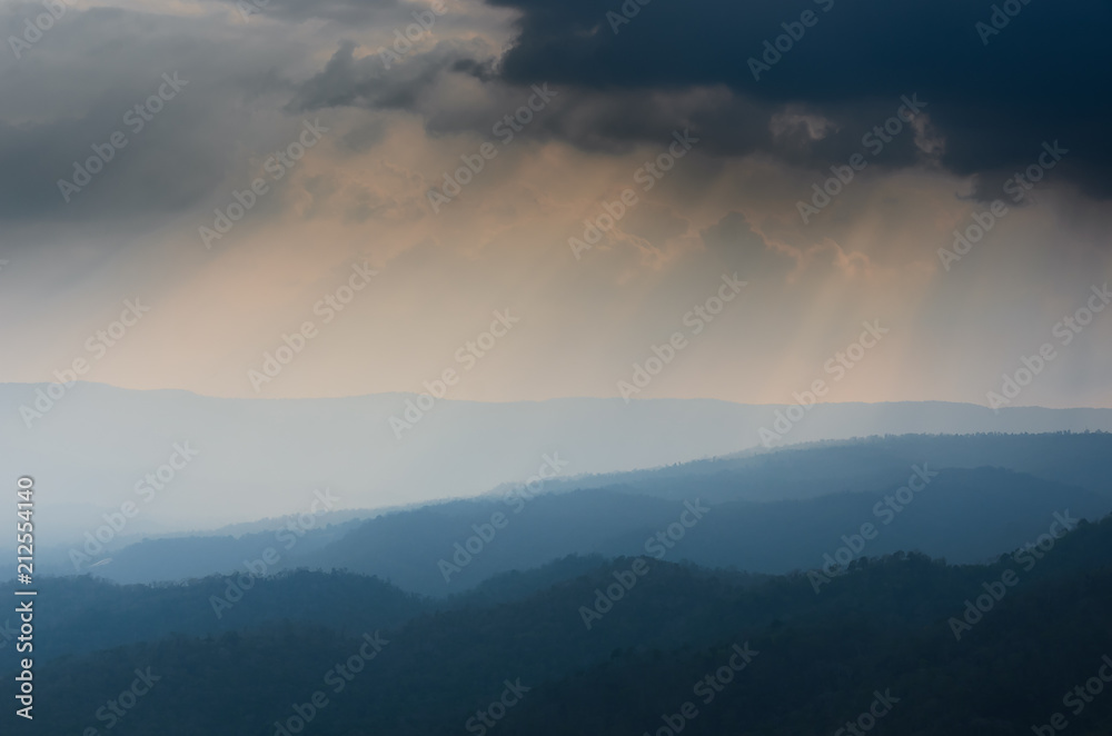 The layer of mountain with the fog and soft light The layer of mountain with the fog and soft light
