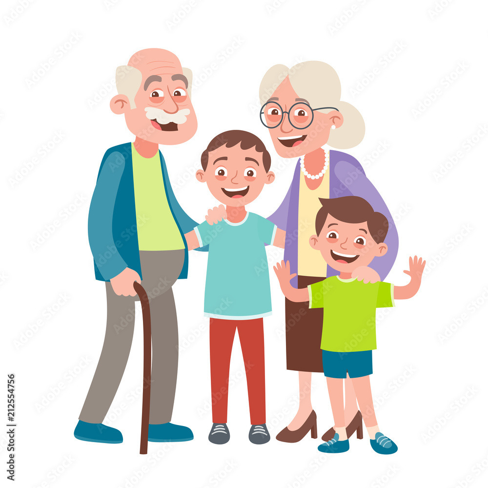 Grandparents and two grandsons portrait. Happy grandparents day concept. Vector illustration in cartoon style, isolated on white background. 