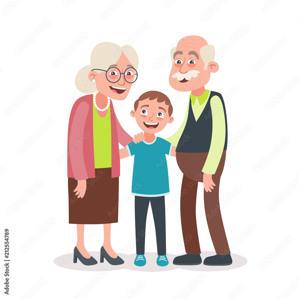 Grandparents and grandson portrait. Grandparents day concept. Vector illustration in cartoon style, isolated on white background. 