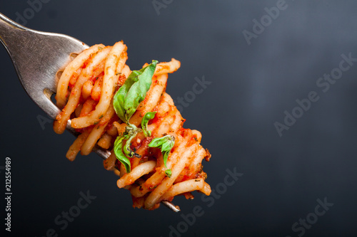 Fork full of twirled italian spaghetti with a bolognese meat sauce and basil. Copy space. Italian food concept.