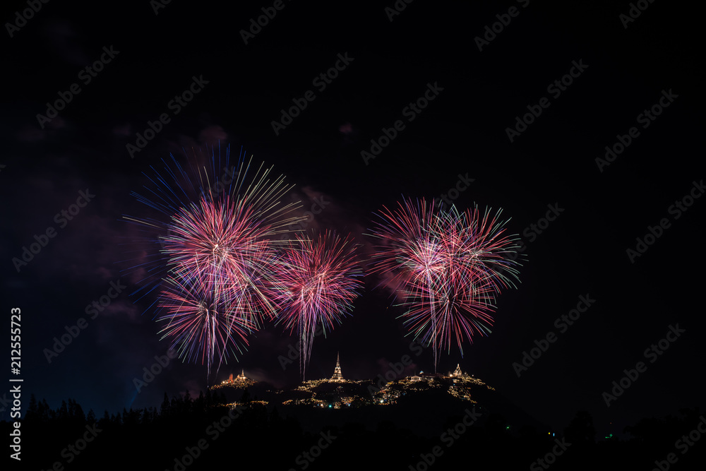 Beautiful fireworks with Phra Nakhon Khiri ancient place (Khao Wang) landmark of Phetchaburi Province Thailand Beautiful fireworks with Phra Nakhon Khiri ancient place (Khao Wang) landmark of Phetchaburi Province Thailand
