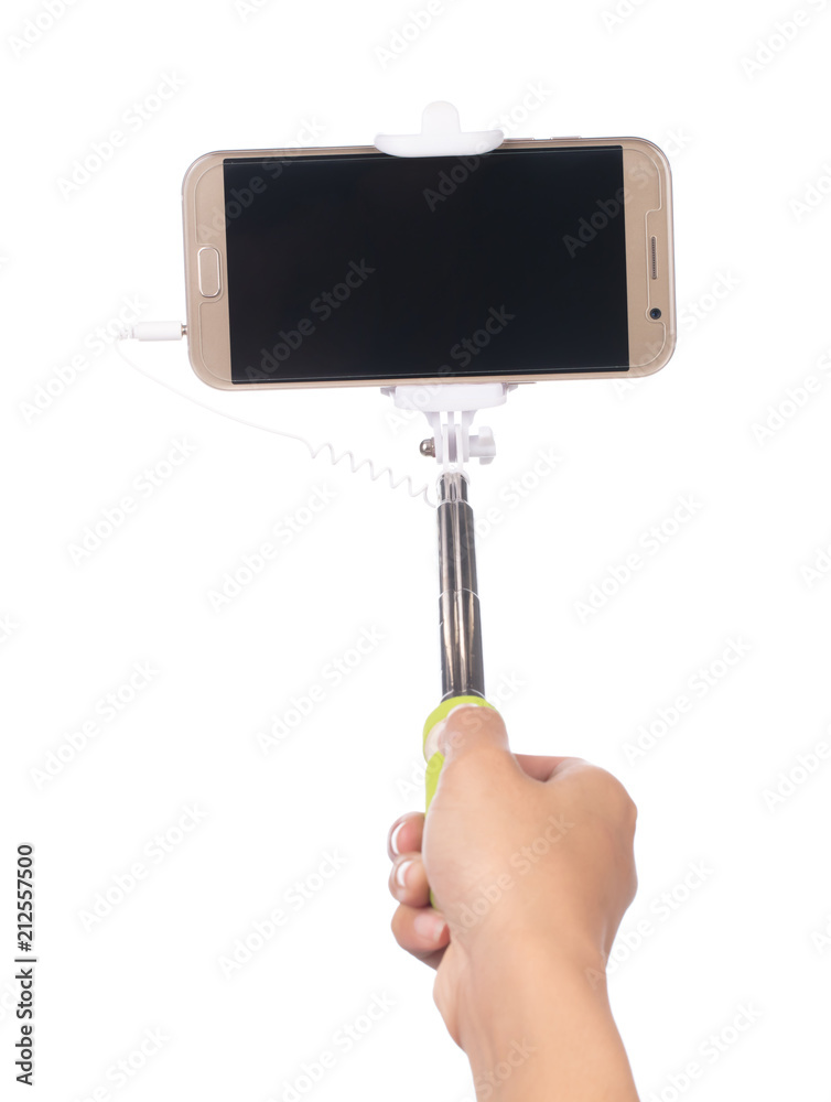 hand holding selfie stick with mobile phone isolated on a white background  Stock Photo | Adobe Stock