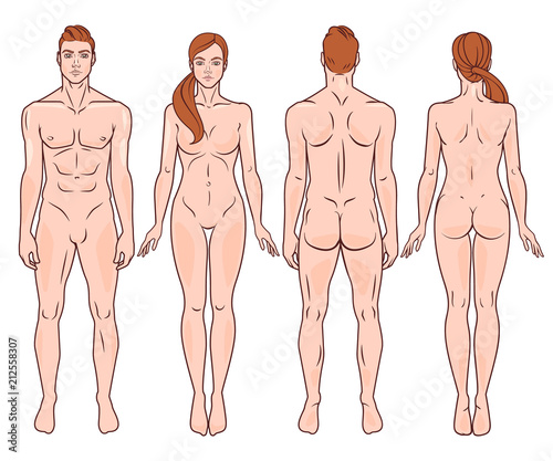 Male and female full body back and front image. Vector illustration set.