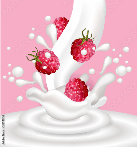 Yogurt splash with raspberry fruits Vector realistic