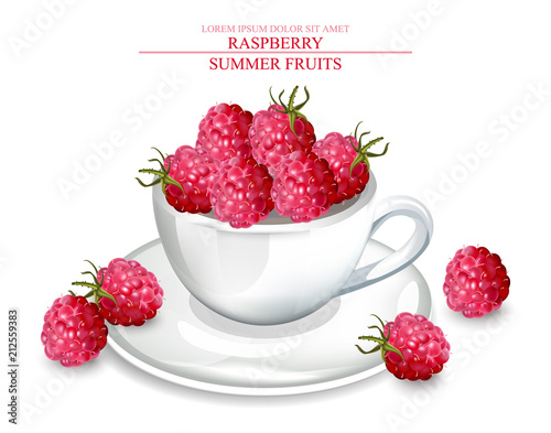 Raspberry in a white cup Vector realistic. Summer fruits delicious template. ...