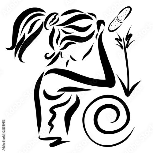 A young woman with a headache or other illness, a medicine aimed at healing