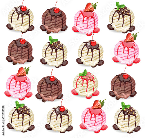 Ice cream scoops pattern Vector. Chocolate, vanilla and strawberry flavors background textures