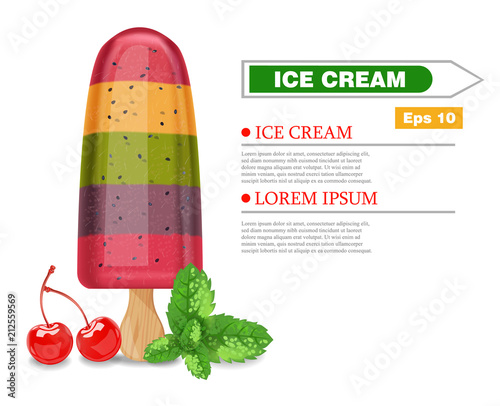 Fruits ice cream Vector realistic. Summer exotic colorful multi layered ice c...