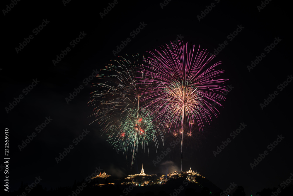 Beautiful fireworks with Phra Nakhon Khiri ancient place (Khao Wang) landmark of Phetchaburi Province Thailand Beautiful fireworks with Phra Nakhon Khiri ancient place (Khao Wang) landmark of Phetchaburi Province Thailand