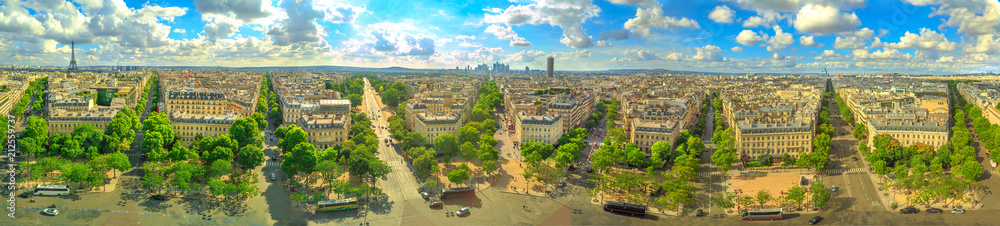 Paris 360 degrees skyline panorama from top of Arc de Triomphe on Champs Elysees street.Tour Eiffel tower, Basilica of the Sacred Heart and Tour Montparnasse tower landmarks in Paris, France, Europe.