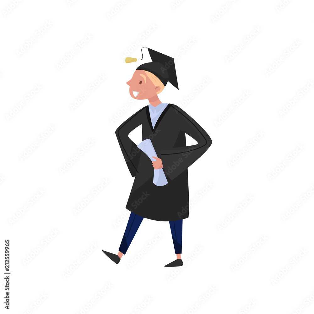 Happy male graduate, smiling graduation student boy in gown and cap holding diploma in his hands vector Illustrations on a white background Happy male graduate, smiling graduation student boy in gown and cap holding diploma in his hands vector Illustrations on a white background