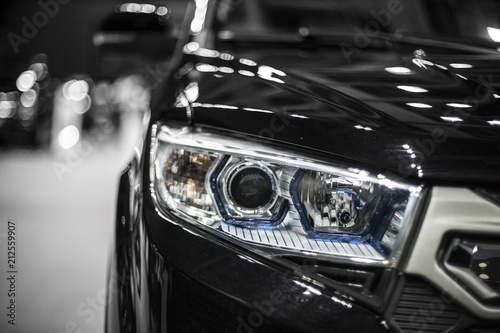 headlight of black modern car with led and xenon optics