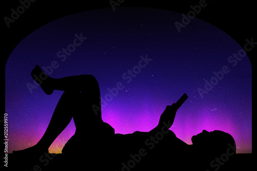 Lying girl near big window at night. Vector illustration with silhouette of woman with mobile phone. Northern lights in starry sky. Colorful aurora borealis