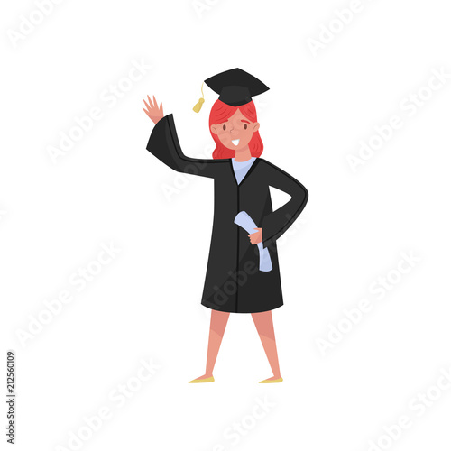 Happy female graduate, smiling graduation girl student in gown and cap waving her hand vector Illustrations on a white background