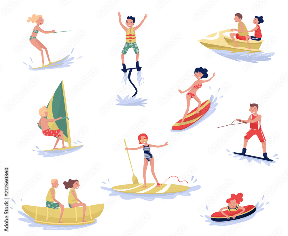Extreme water sports set, waterski, flyboarding, windsurfing, surfing, paddleboarding, wakeboarding water sport activities cartoon vector Illustrations Extreme water sports set, waterski, flyboarding, windsurfing, surfing, paddleboarding, wakeboarding water sport activities cartoon vector Illustrations