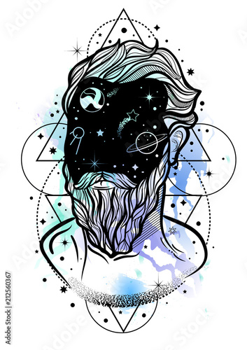 Hand drawn portrait of a man with beard and night sky. Double exposure effect. Concept of a dreamer, explorer or traveller.