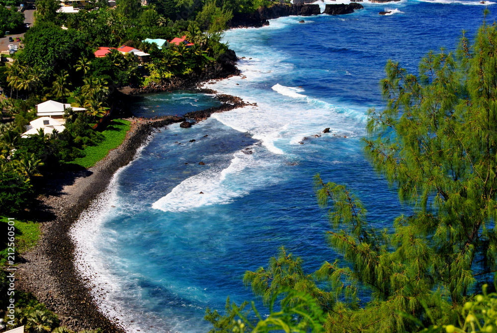 Reunion island seascape, landscape. Black sand, volcanic rocks. Reunion island seascape, landscape. Black sand, volcanic rocks.