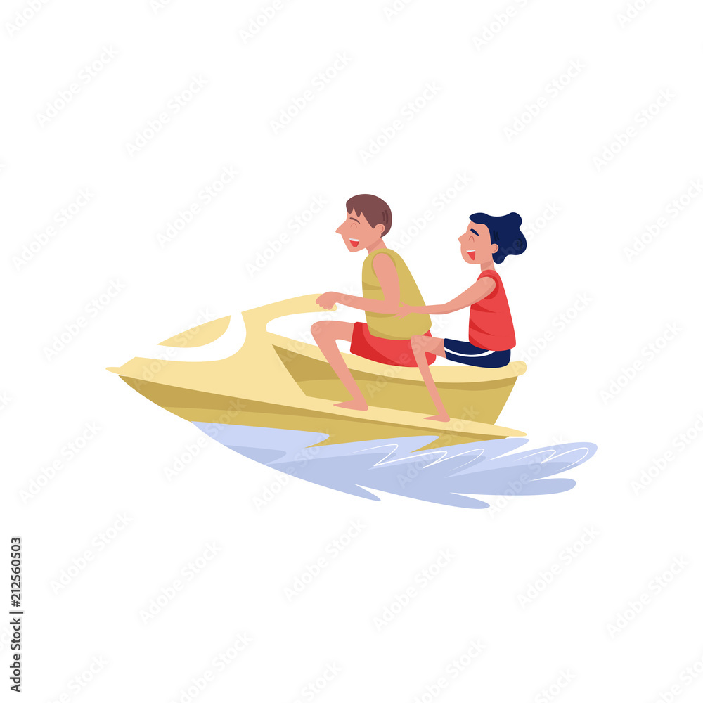 Young man and woman riding on water jetski, extreme water sport cartoon vector Illustration on a white background Young man and woman riding on water jetski, extreme water sport cartoon vector Illustration on a white background