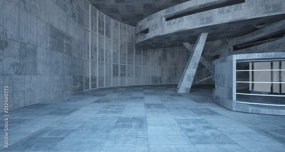 Abstract white and concrete parametric interior with window. 3D illustration and rendering. Abstract white and concrete parametric interior with window. 3D illustration and rendering.