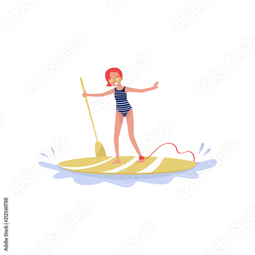 Young woman standing on paddle board, paddleboarding water sport cartoon vector Illustration on a white background