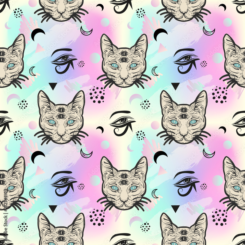 80s-90s style seamless pattern with cat. Fashion mystic background.