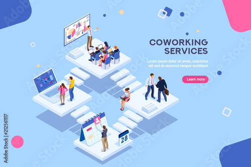 Coworkers office concept with characters. Freelancer concept, coworking people, ceo business workspace for creative businesswoman. Standing employee space for businessmen. Flat Isometric illustration.