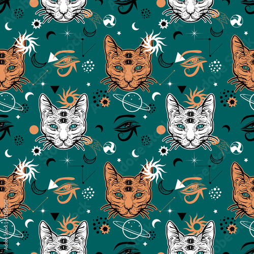 80s-90s style seamless pattern with cat. Fashion mystic background.