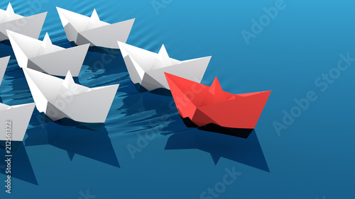 Leadership concept  red leader boat leading whites. 3D Rendering