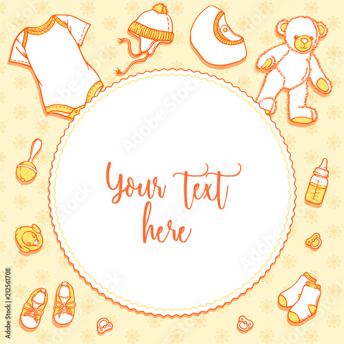 Illustration of baby items for a postcard. Baby items for logo: stroller, babygro, bib, bootee, hat. Infant clothing and toys for a banner, a flyer or an announcement of pregnancy.