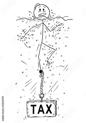 Cartoon stick drawing conceptual illustration of man or businessman drowning with block of stone or concrete weight with tax text chained to his leg.