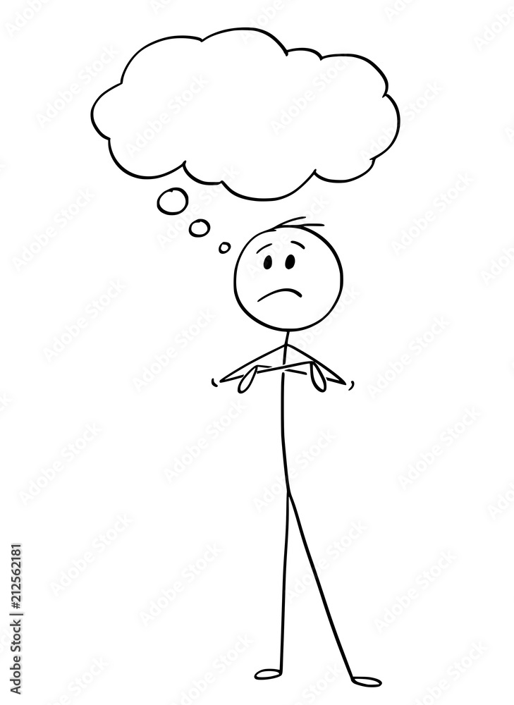 Cartoon stick drawing conceptual illustration of unhappy man or businessman thinking with empty text or speech bubble or balloon above his head. Cartoon stick drawing conceptual illustration of unhappy man or businessman thinking with empty text or speech bubble or balloon above his head.