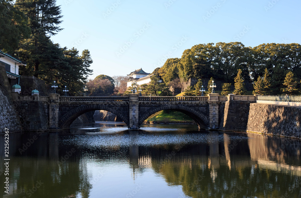 Japanese arched stone bridge over waterway