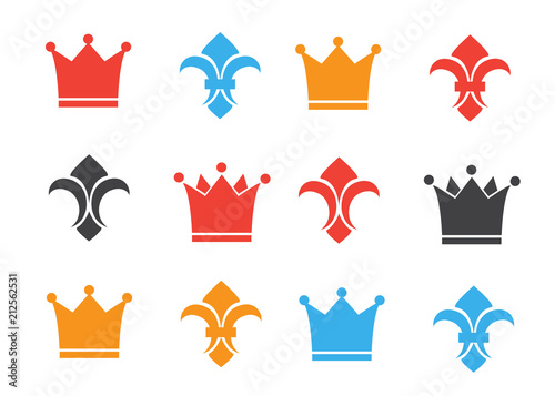 Crown and fleur de lis icons. Heraldic crowns and diadems for design