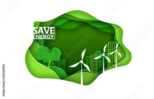 Eco city concept poster in paper art origami style. Vector illustration paper cut design. Green town with wind power turbines. Save energy concept.