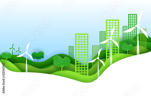 Eco city concept poster in paper art origami style. Vector illustration paper cut design. Green town with wind power turbines.