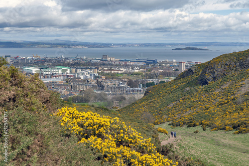 View of Edinburgh city towards coastal area of the North Sea from Arthur’s Seat, the highest point in Edinburgh located at Holyrood Park, Scotland, UK