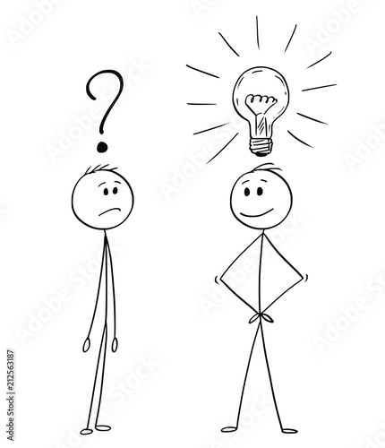 Cartoon stick drawing conceptual illustration of two men or businessmen, one of them is unsure with question mark above head, second one just got an idea marked with light bulb above.