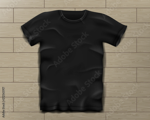 Black realistic slim male t-shirt. Blank t-shirt template on Vintage wooden floor isolated. Sports man shirt design. Vector illustration